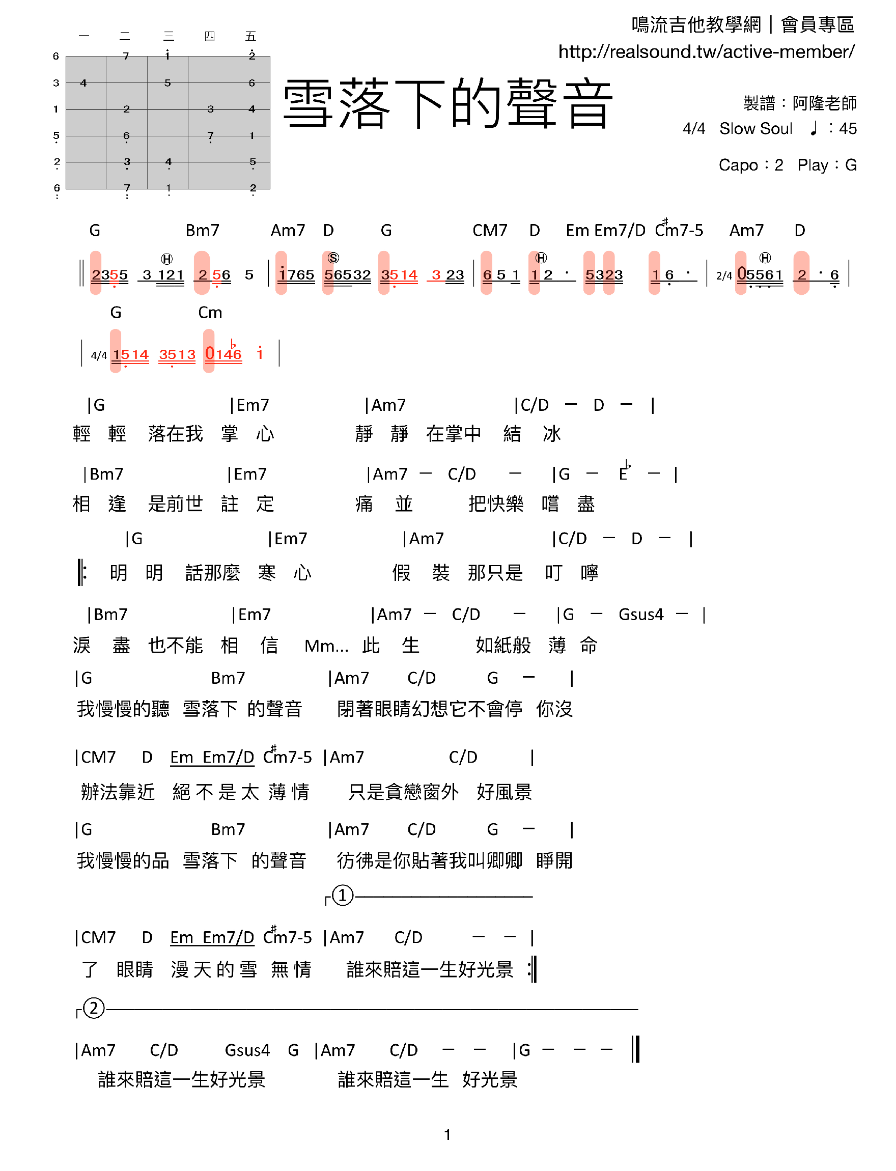 雪落下的聲音吉他譜