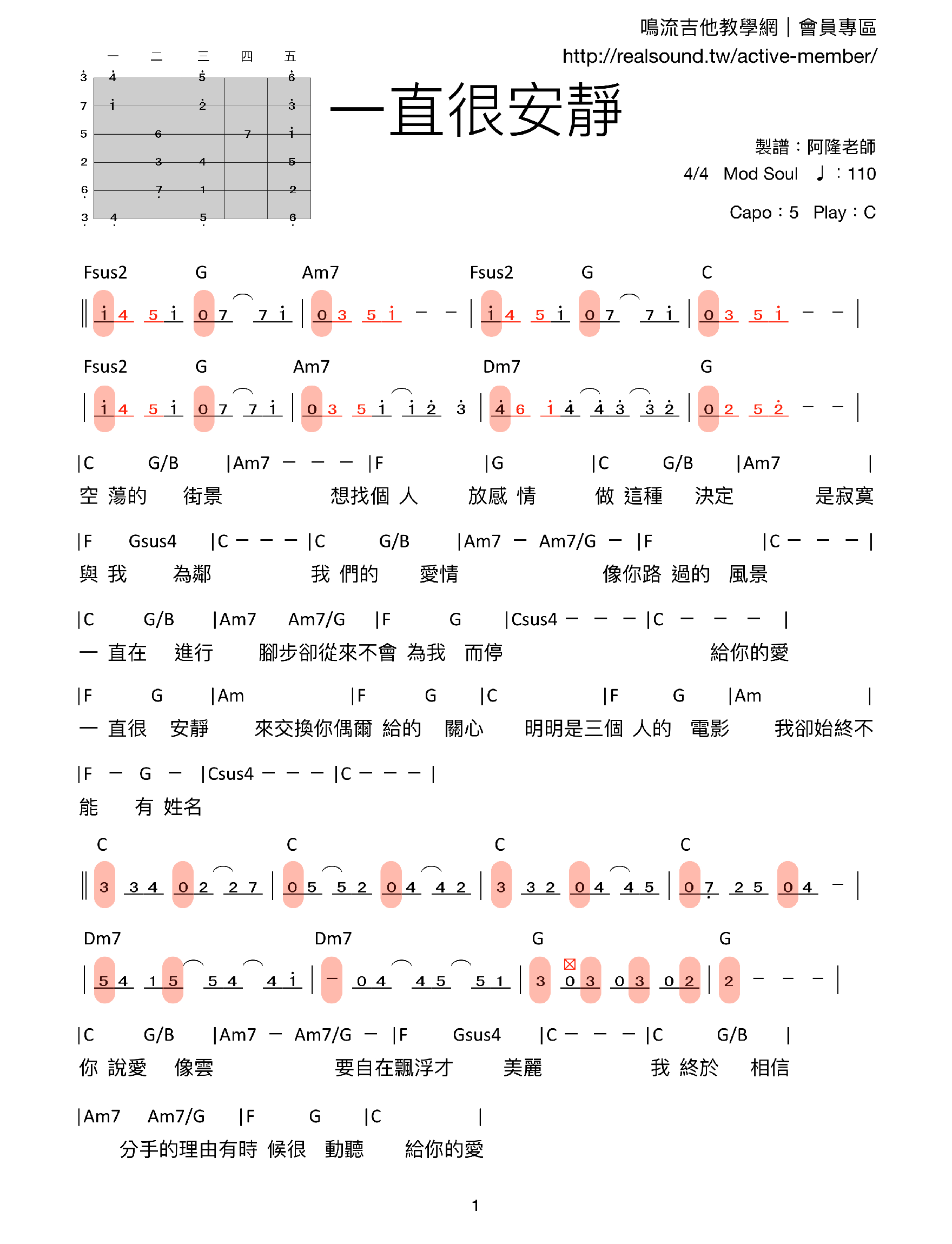 一直很安靜吉他譜