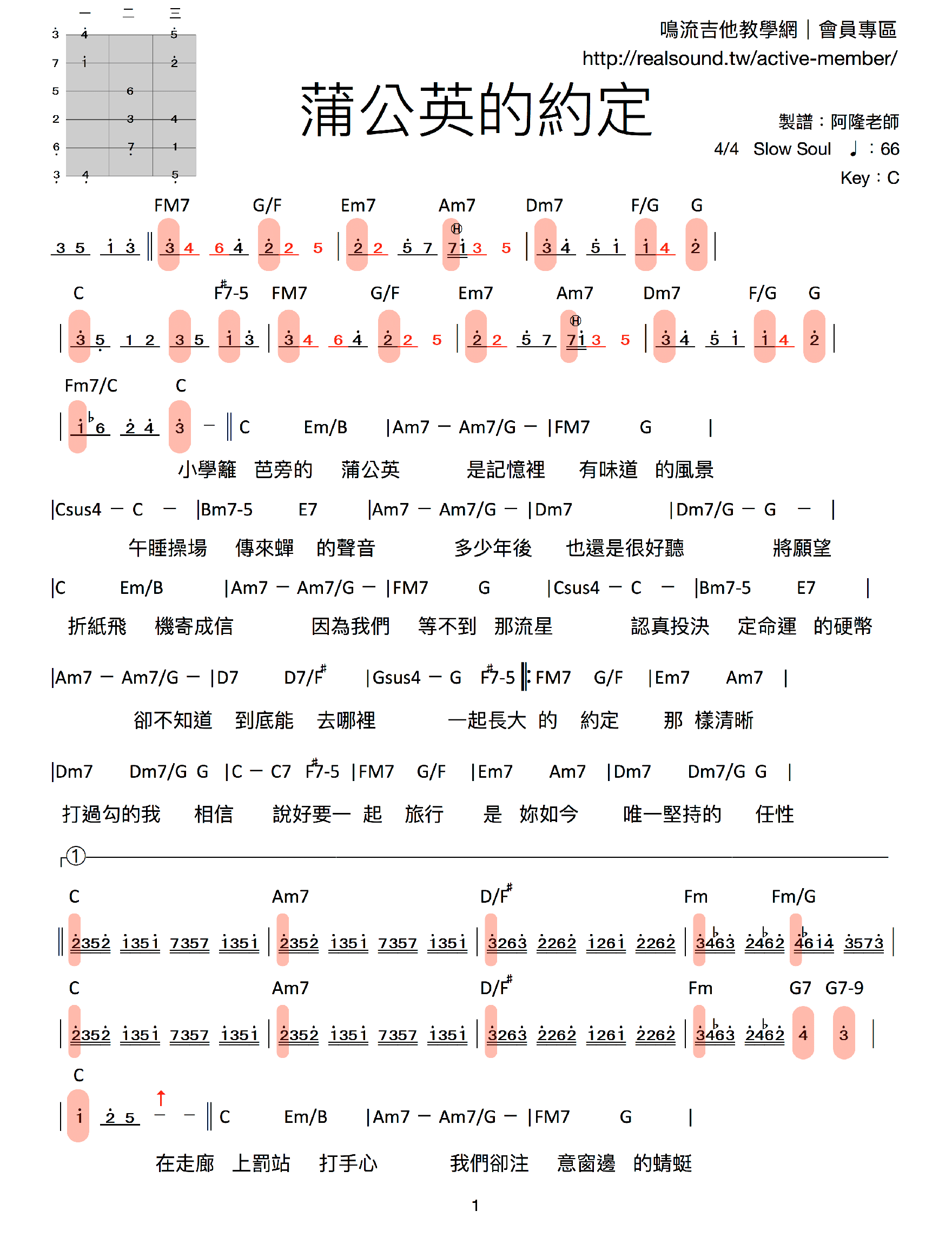 蒲公英的約定-吉他譜