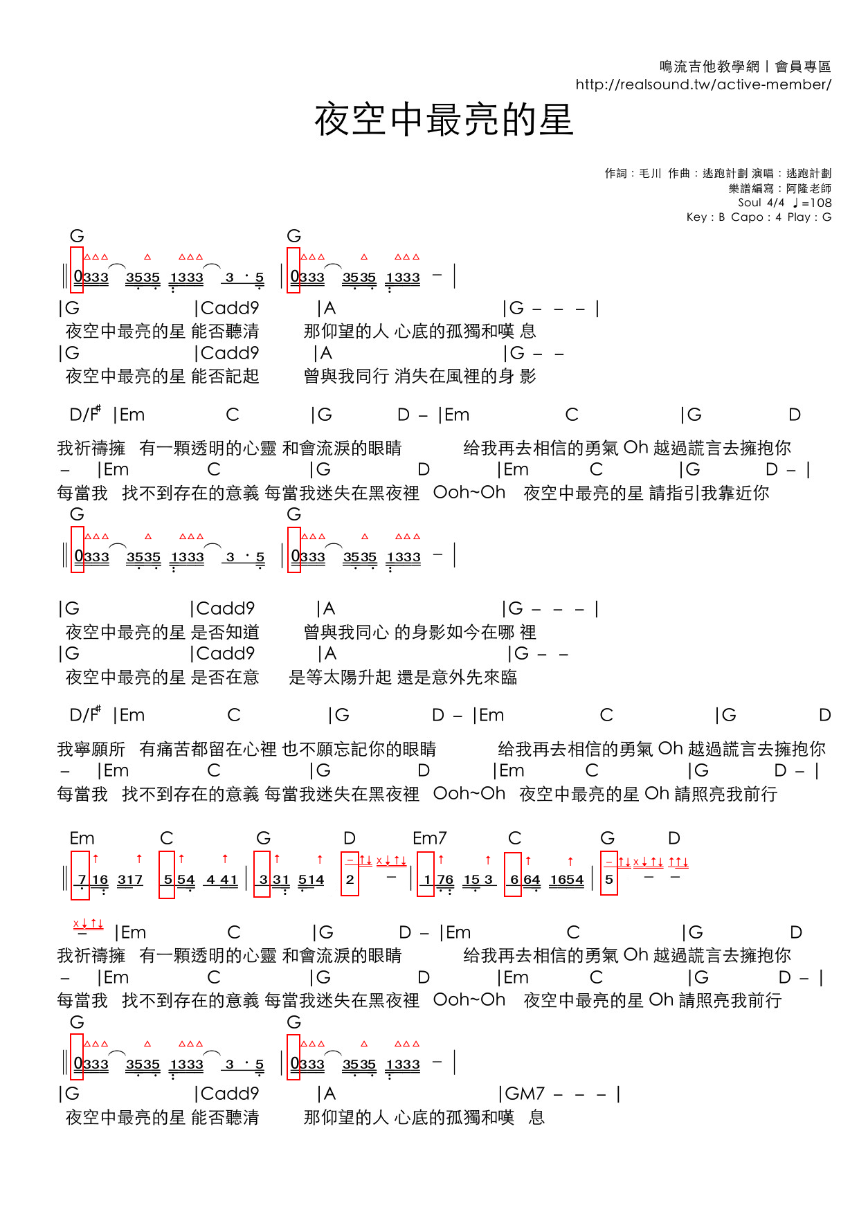 夜空中最亮的星吉他譜