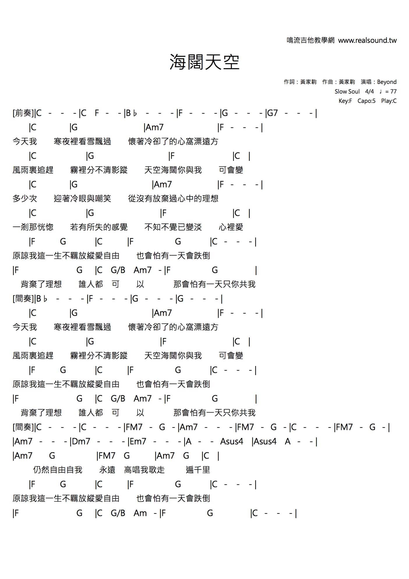 海闊天空-吉他譜