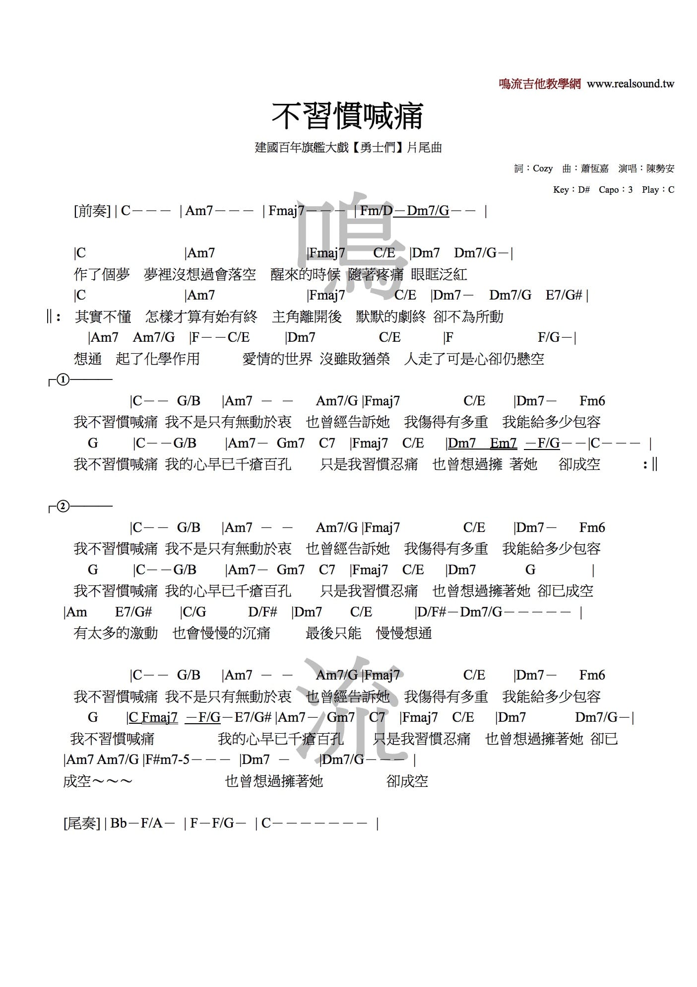 不習慣喊痛吉他譜